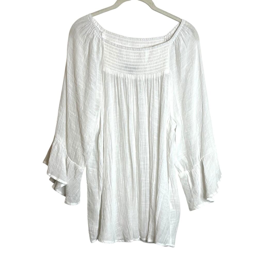 Cocomo Woman Tunic Gauzy Flared Sleeve 1X White Lightweight